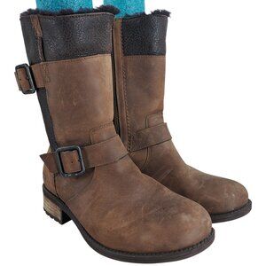 Ugg Oregon Brown Leather Waterproof Boots Size 7.5 Shearling Fur Moto Buckle